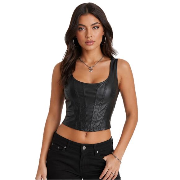 Forever 21 Tops - Y2K Forever 21 Faux Leather Corset Top Large Black Biker Goth Clubwear Crop Tank